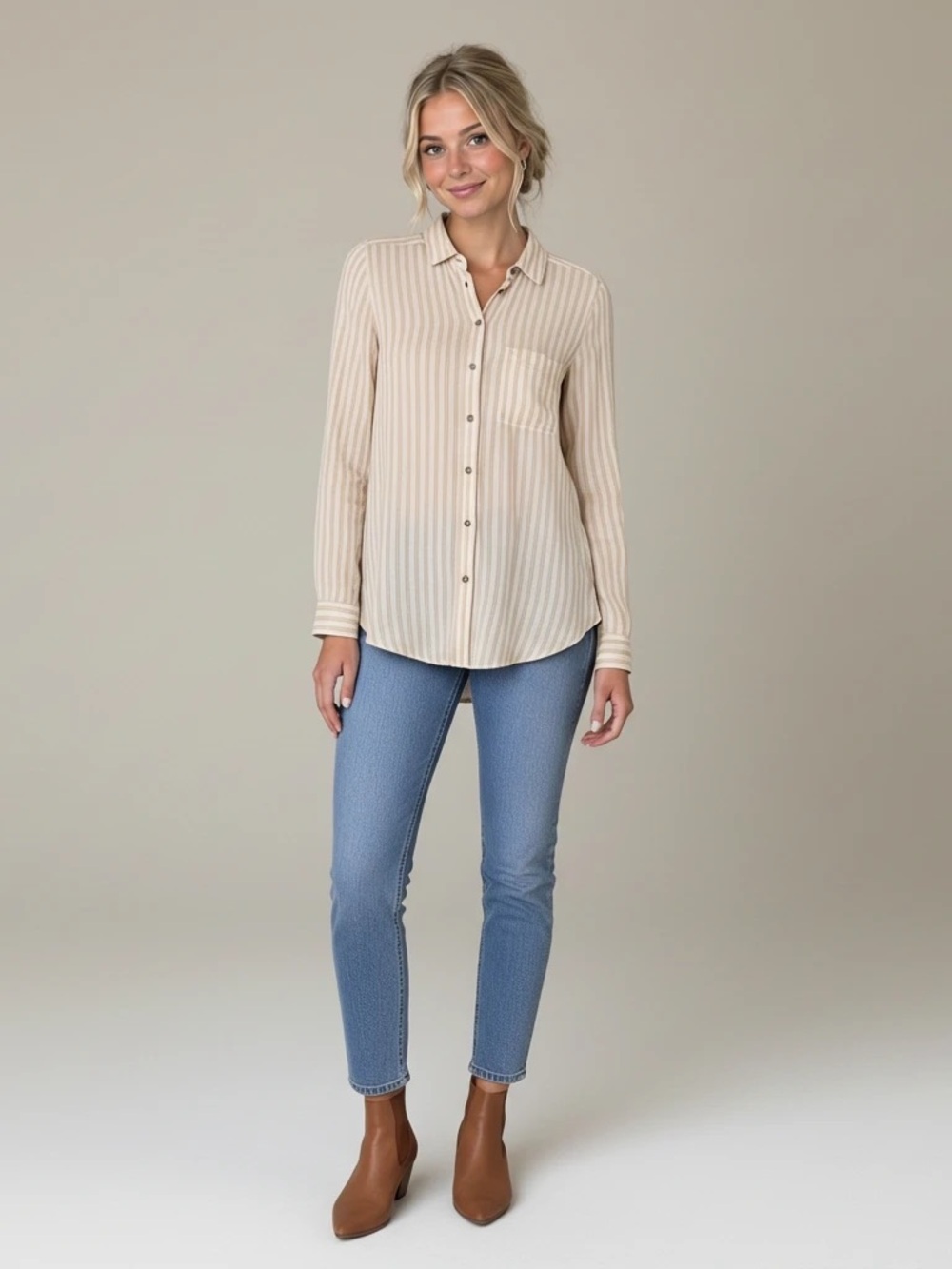 American Eagle Yellow & White Striped Boyfriend Fit Button-Down Shirt Women’s XS